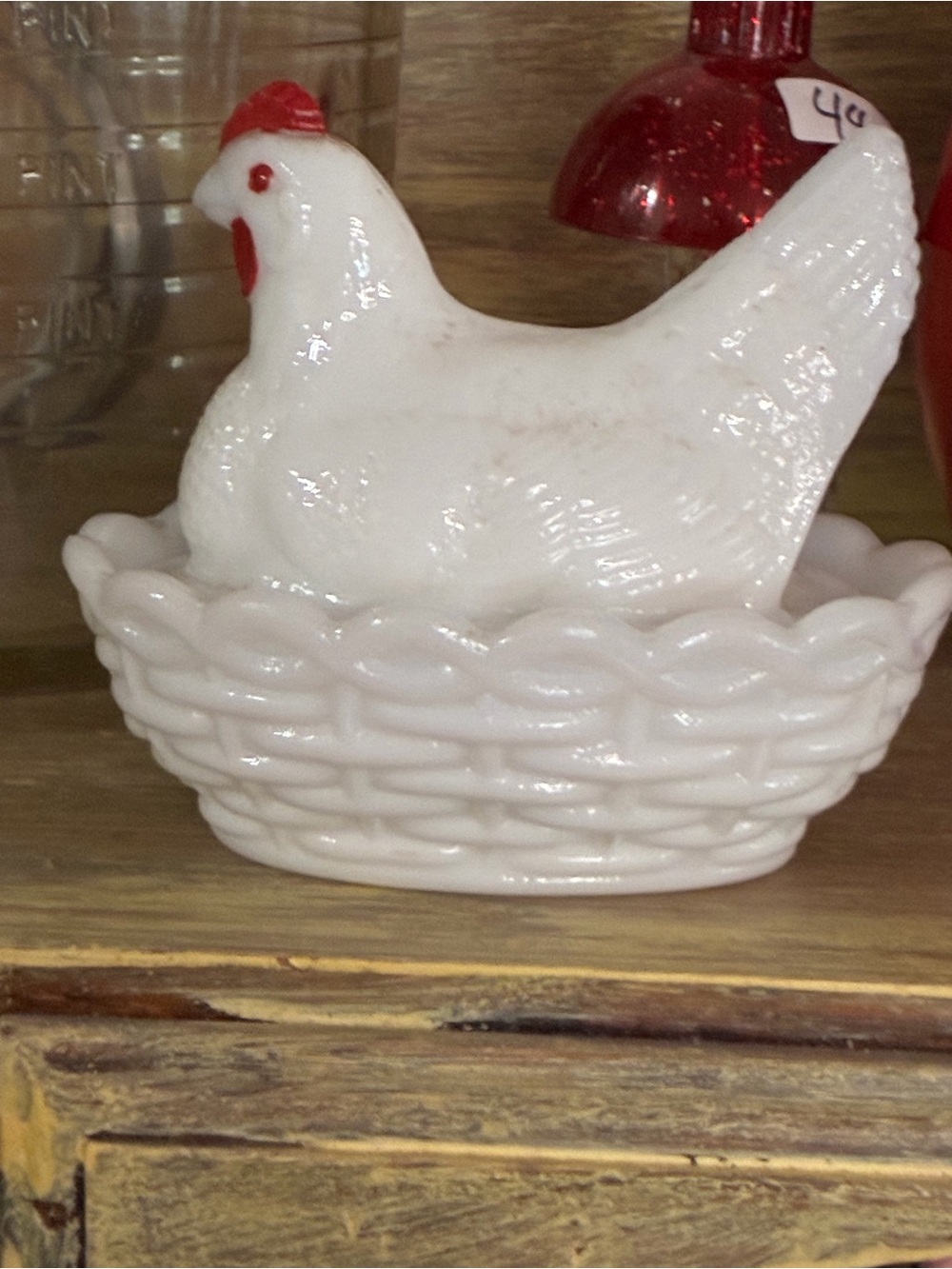 White Milk Glass Hen on Nest Dish with Red Details. Vintage. Miniature.